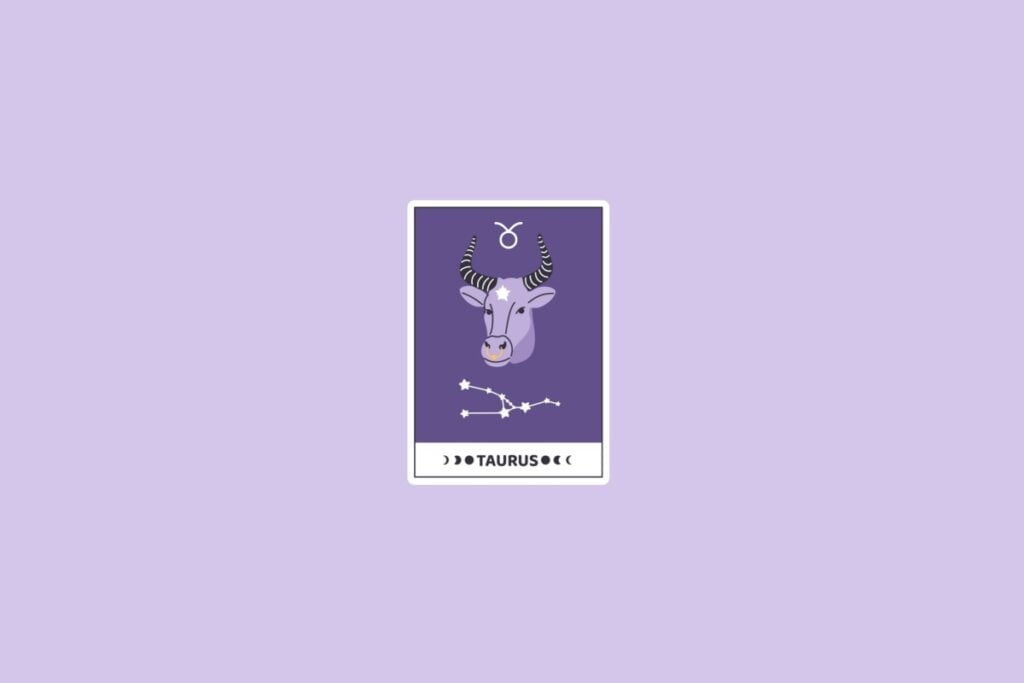 Ilustração do signo de Touro com a cabeça de um touro roxo, a constelação de Touro e o símbolo do signo no topo