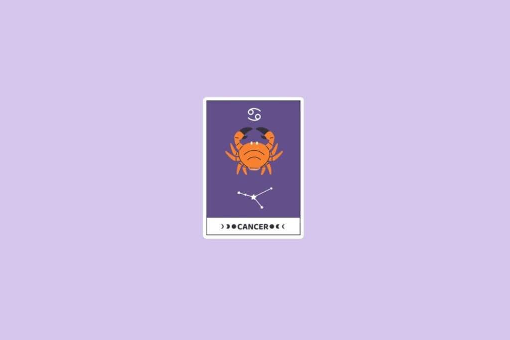 Ilustração do signo de Câncer com um caranguejo laranja, a constelação de Câncer e o símbolo do signo no topo
