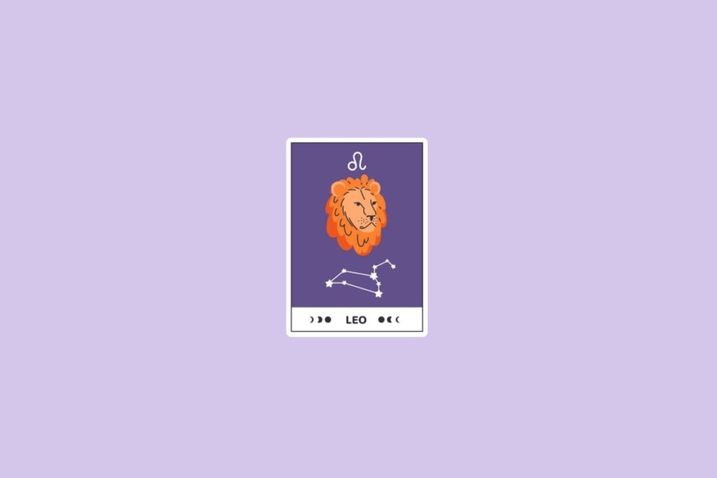Ilustração do signo de Leão com a cabeça de um leão, a constelação de Leão e o símbolo do signo no topo