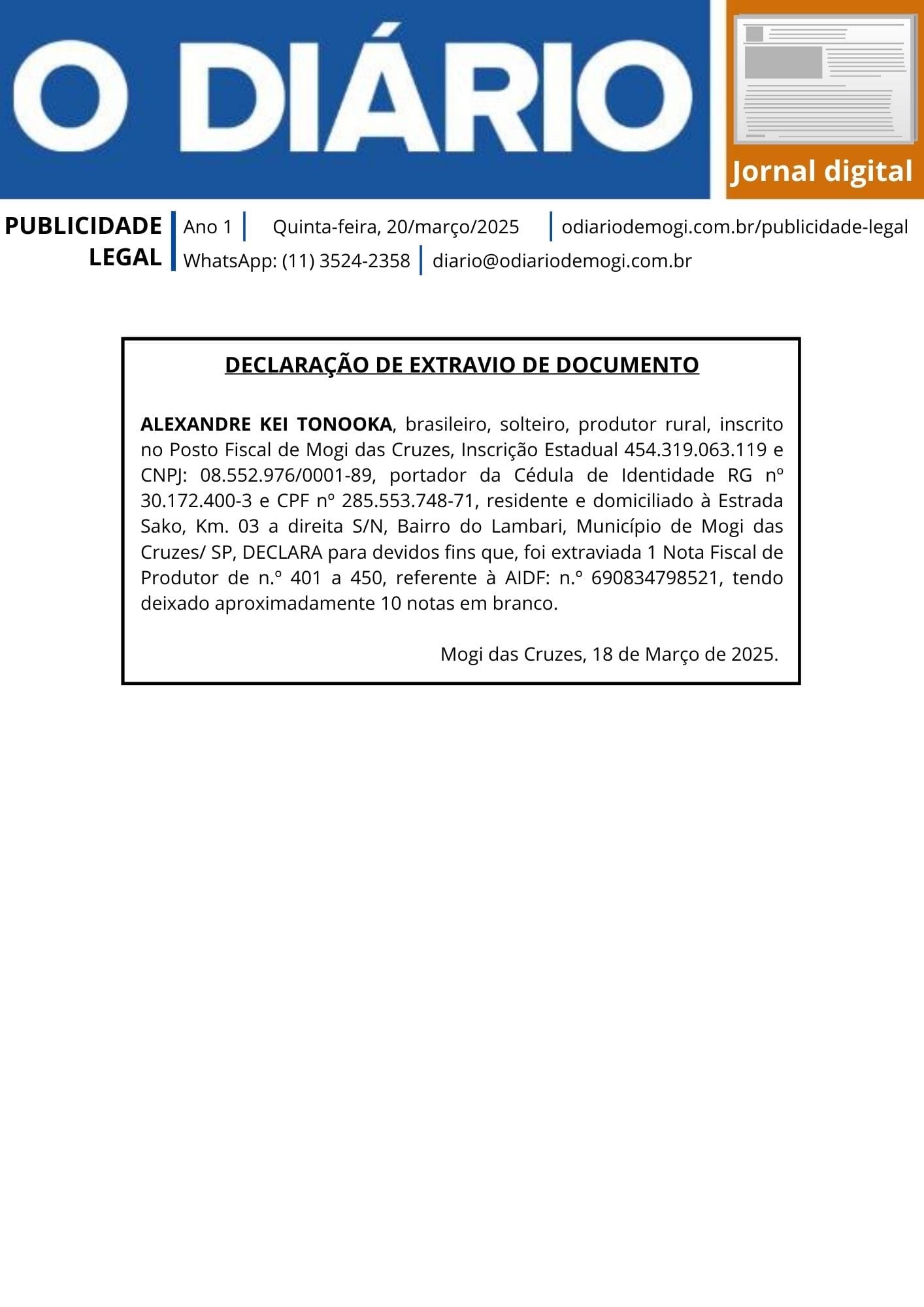 Quinta-feira, 20 de março de 2025
