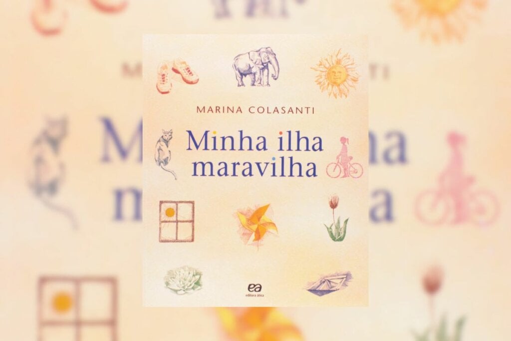 Capa do livro "Minha ilha maravilha" com a ilustração de flores e animais em um fundo bege-claro