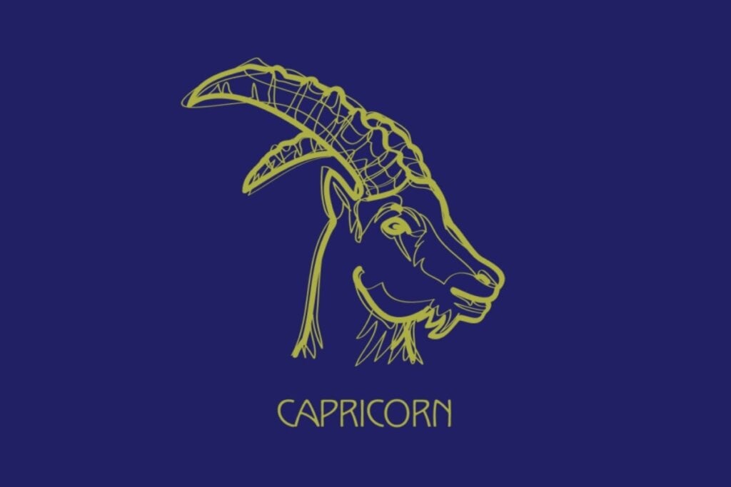 Ilustração amarela do símbolo e do nome de capricórnio em fundo azul
