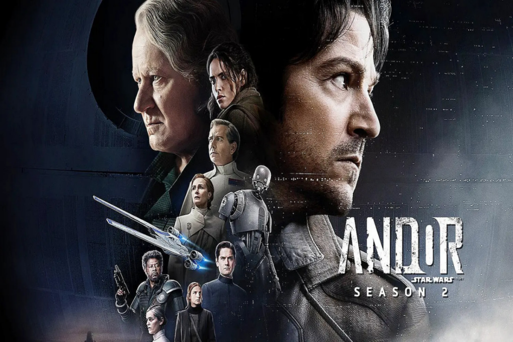 Pôster de série com o rosto de nove personagens da série Andor