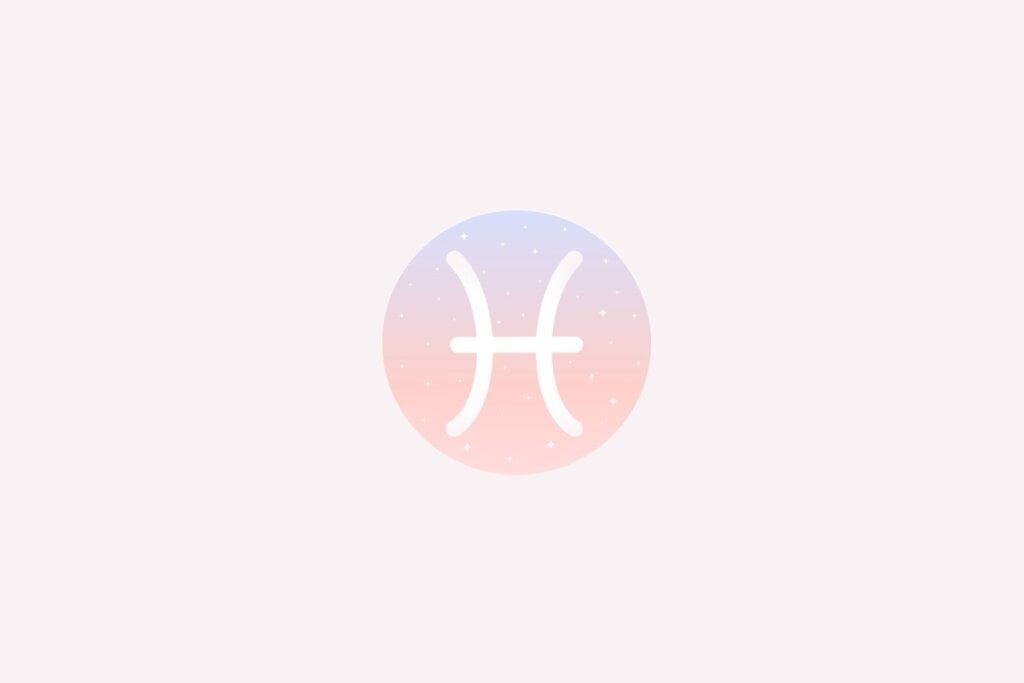 Ilustração do signo de Peixes com dois arcos brancos ligados por uma linha no centro, em fundo degradê rosa e azul com estrelas