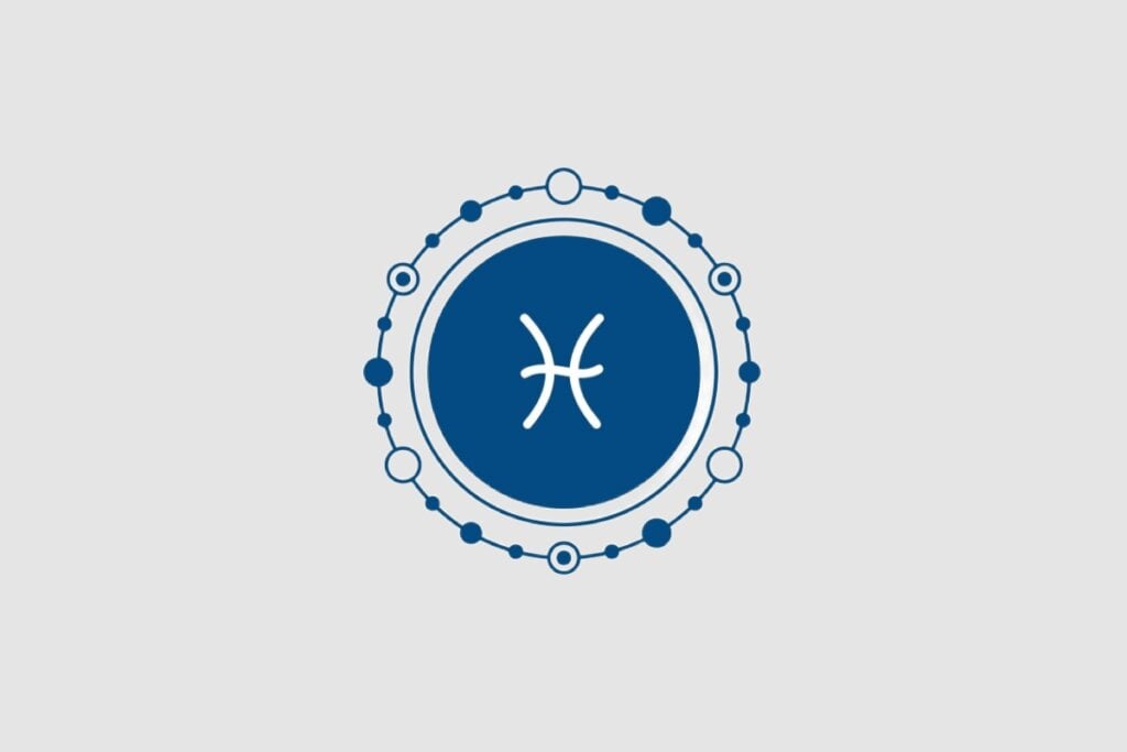 Ilustração do signo de Peixes, com dois arcos curvados opostos ligados ao centro, em branco sobre um fundo azul-escuro com ornamentos circulares ao redor