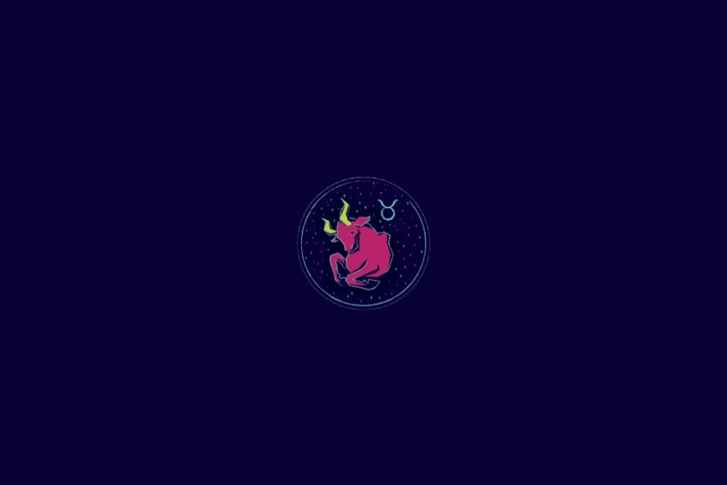 Ilustração do signo de Touro em fundo azul-escuro com elementos astrológicos e o touro representados no centro