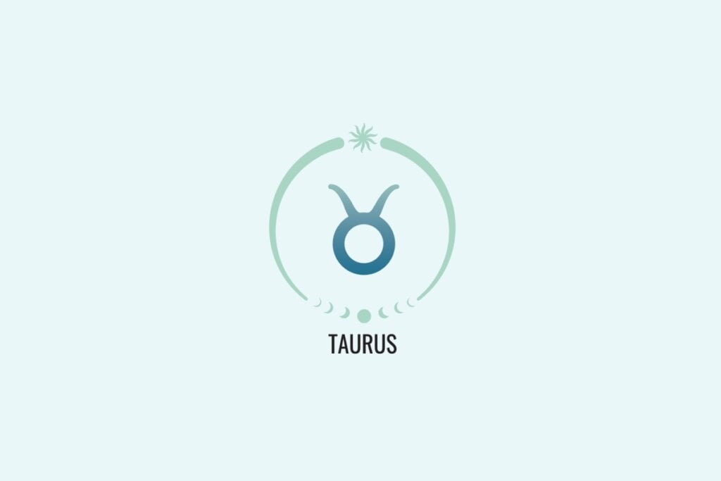 Ilustração do signo Touro, com símbolo em formato circular com dois chifres curvados para cima, em azul esverdeado, sobre fundo verde-claro