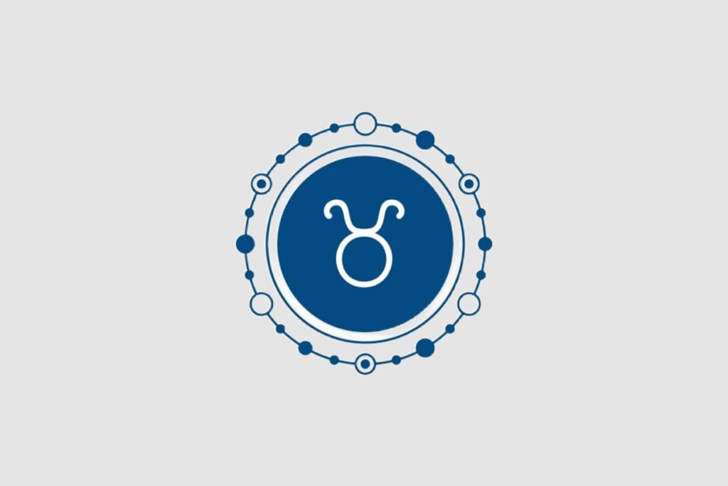 Ilustração do signo de Touro, com símbolo branco representando a cabeça de um touro com chifres, sobre fundo azul-escuro e contorno circular decorativo