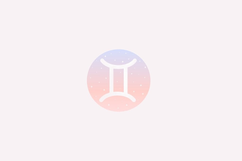 Ilustração do signo de Gêmeos com duas linhas verticais unidas por traços horizontais brancos em fundo rosa e azul com estrelas
