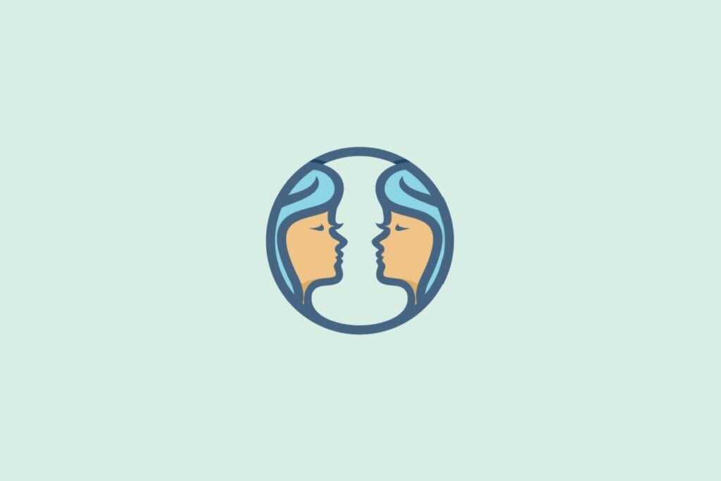 Ilustração do signo de Gêmeos com dois rostos estilizados voltados um para o outro