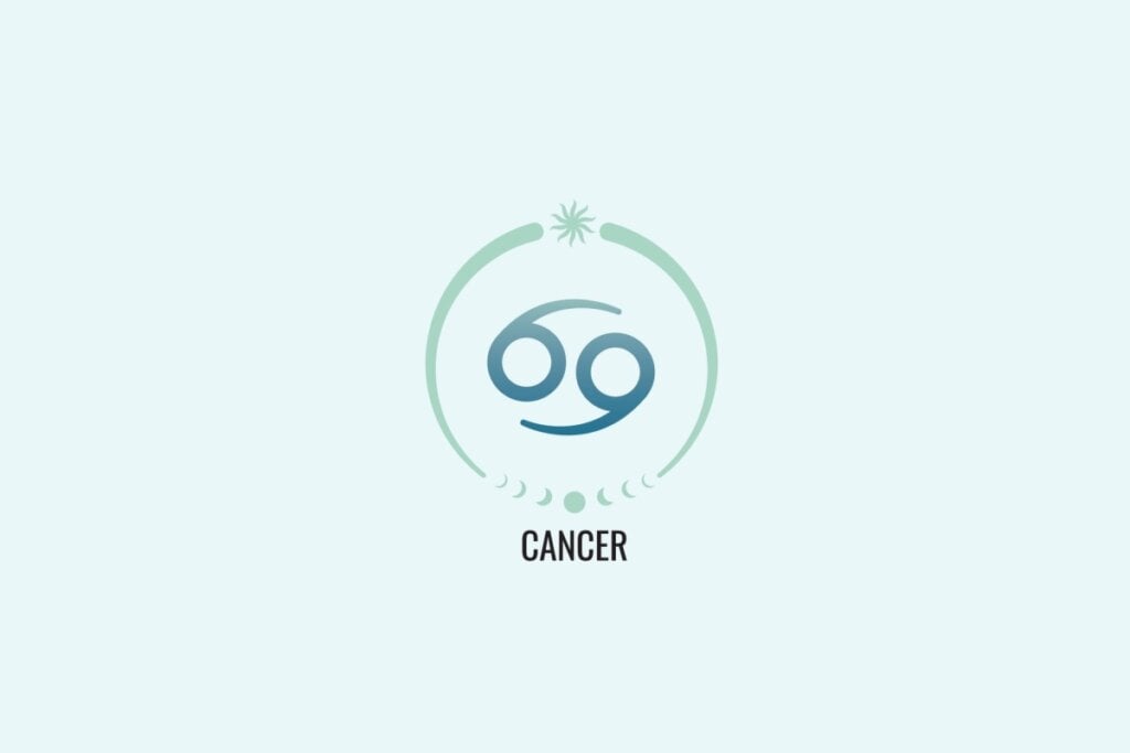 Ilustração do signo Câncer, com símbolo de dois círculos ligados por curvas que lembram o número 69 na horizontal, em azul esverdeado, sobre fundo verde-claro