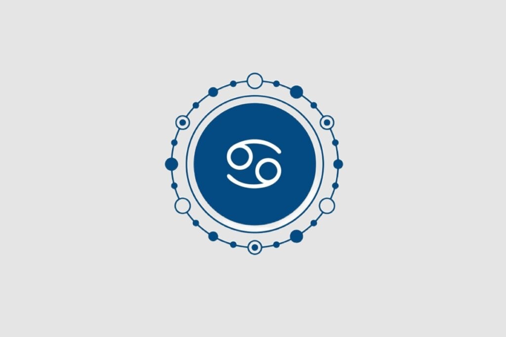 Ilustração do signo de Câncer, com dois círculos interligados por curvas brancas, sobre fundo azul-escuro cercado por ornamentos redondos