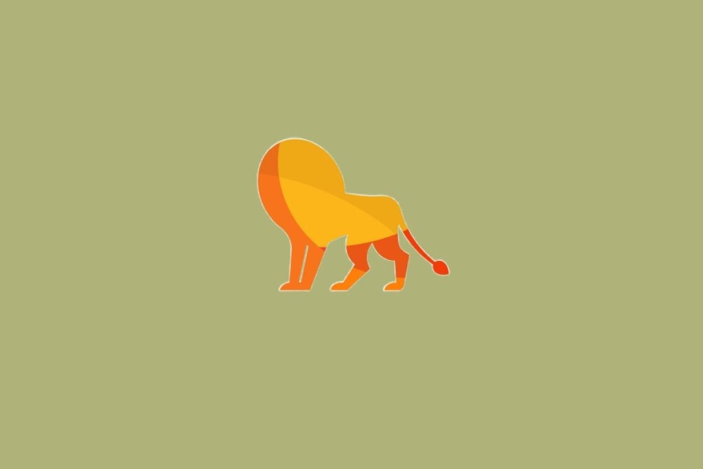 Ilustração de um leão em amarelo e laranja, com corpo de perfil e juba volumosa em forma circular, sobre fundo verde-oliva