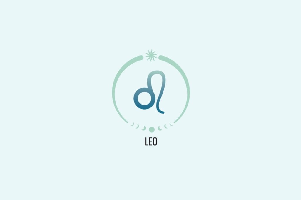 Ilustração do signo Leão, com símbolo representando uma cauda curva partindo de um círculo, em tom azul esverdeado, sobre fundo verde-claro