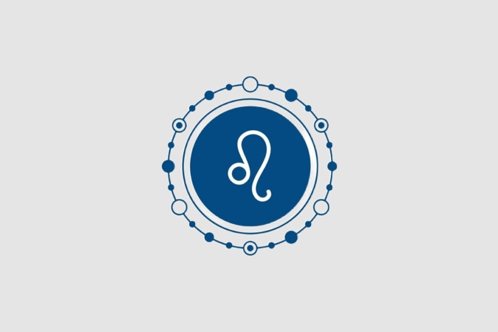 Ilustração do signo de Leão, com símbolo branco curvado lembrando uma cauda estilizada, inserido num fundo azul-escuro com moldura de círculos interligados