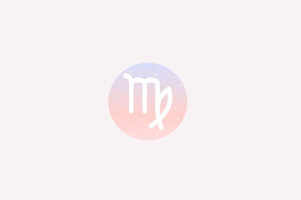 Ilustração do signo de Virgem com símbolo branco semelhante à letra “M” com traço final curvado, em fundo rosado com estrelas