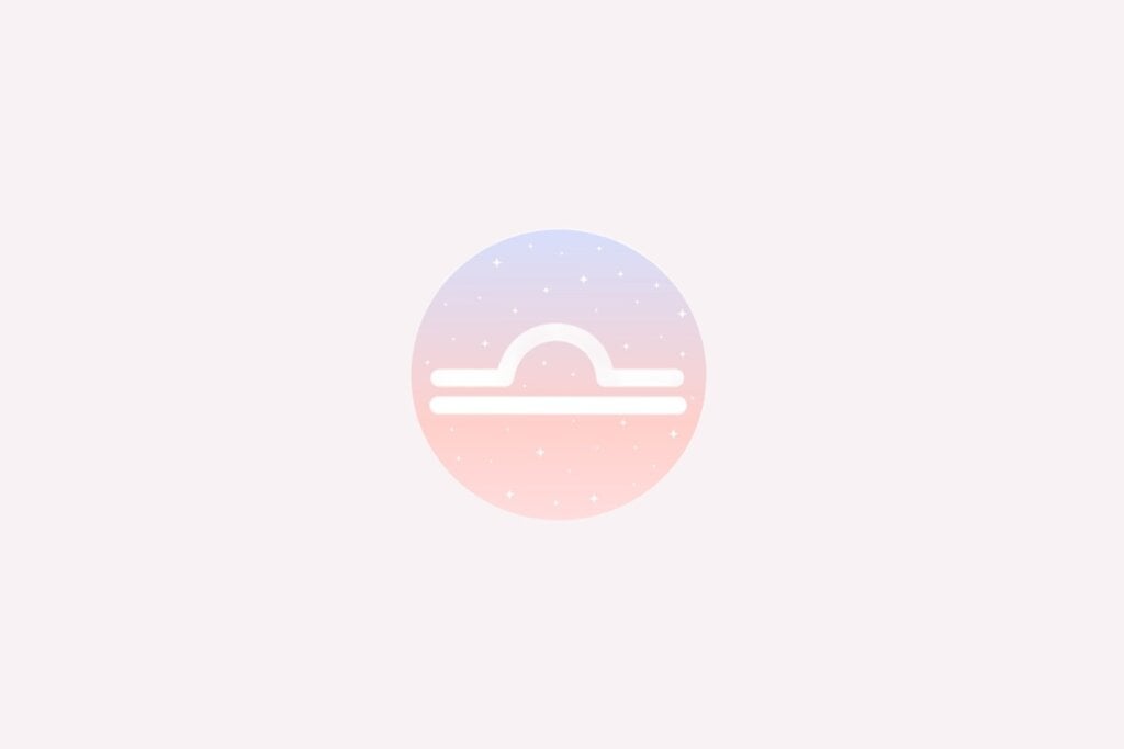 Ilustração do signo de Libra com linha curva sobre reta horizontal branca, em fundo rosa e azul com estrelas