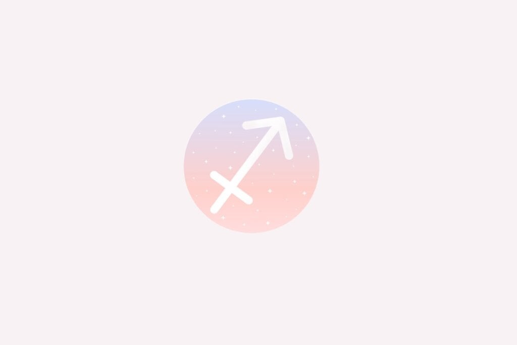 Ilustração do signo de Sagitário com flecha branca inclinada para cima, em fundo rosado