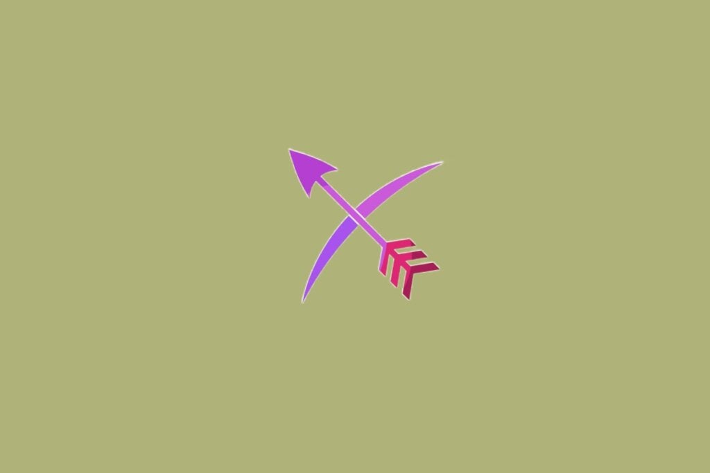 Ilustração do signo de Sagitário com arco e flecha em tons de roxo e vermelho sobre fundo verde-oliva