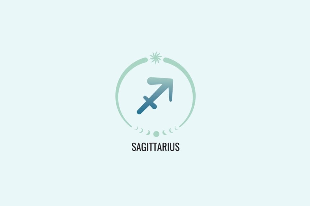 Ilustração do signo Sagitário, com símbolo de seta apontada para cima à direita, representando o arco e flecha, em azul esverdeado, sobre fundo verde-claro