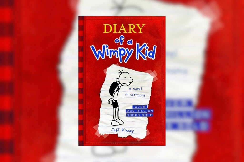 Ilustração de um papel com o desenho de um menino na capa do livro "Diary of a Wimpy Kid"