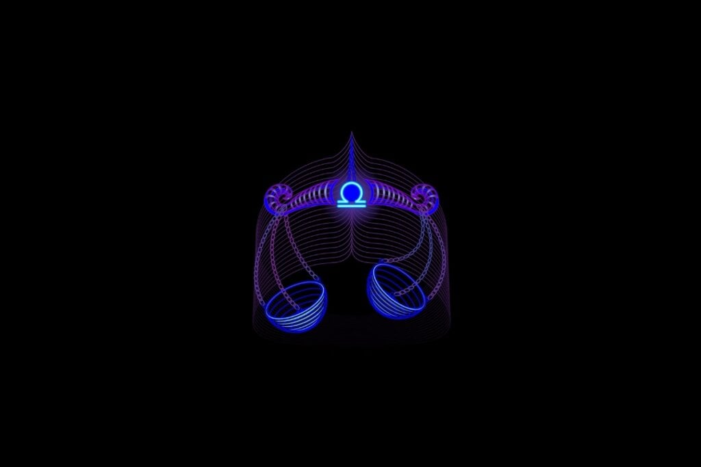 Ilustração do signo de libra em roxo e rosa em um fundo preto