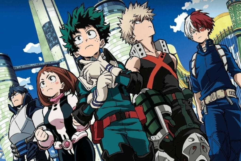 Ilustração de jovens reunidos lado a lado na capa do anime "My Hero Academia"