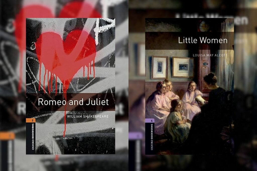 Capa dos livros "Romeo And Juliet" e "Little Women" em uma foto colagem um ao lado do outro 