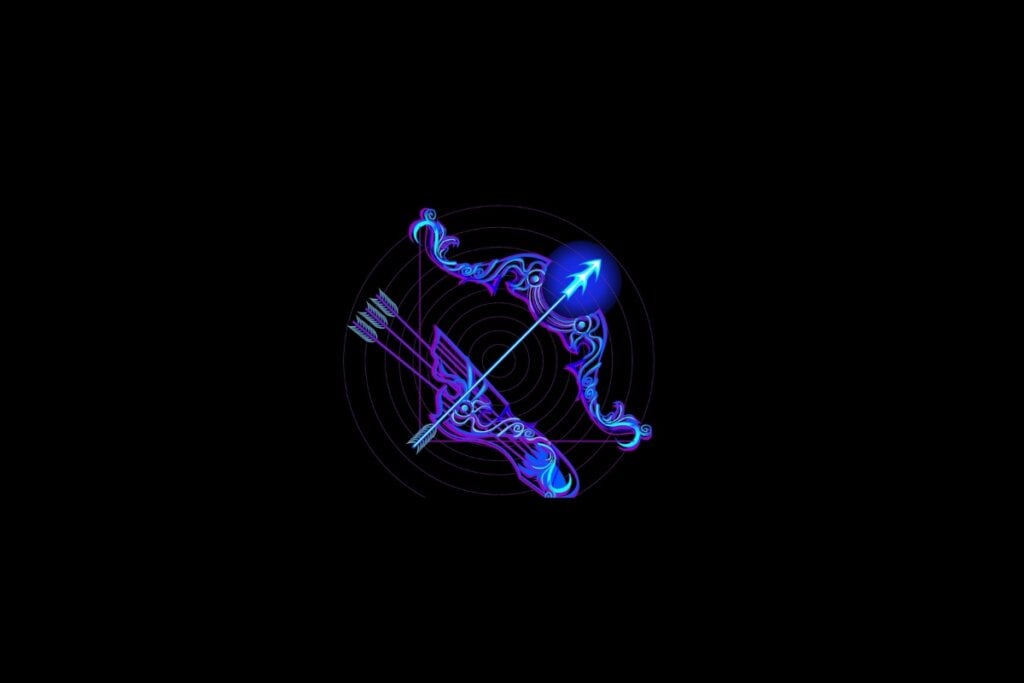 Ilustração do signo de sagitário em roxo e rosa em um fundo preto