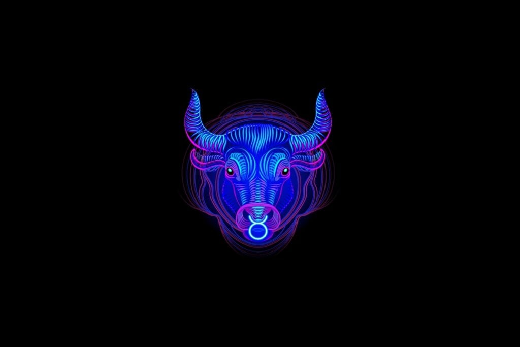 Ilustração do signo de touro em roxo e rosa em um fundo preto