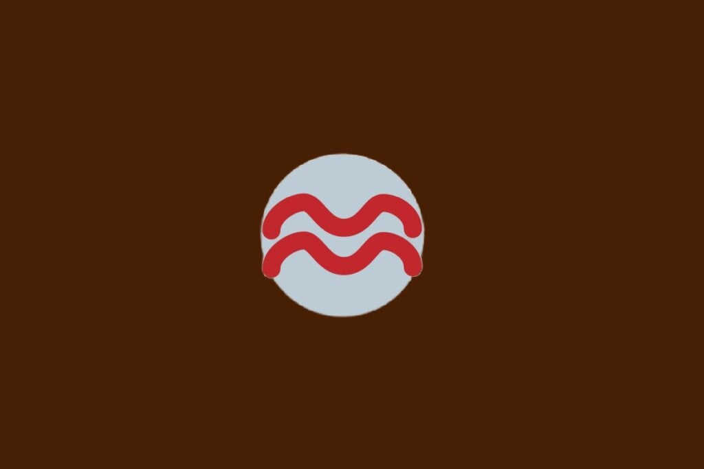 Ilustração do signo de Aquário, com símbolo vermelho com duas ondas paralelas, sobre fundo cinza e marrom-escuro