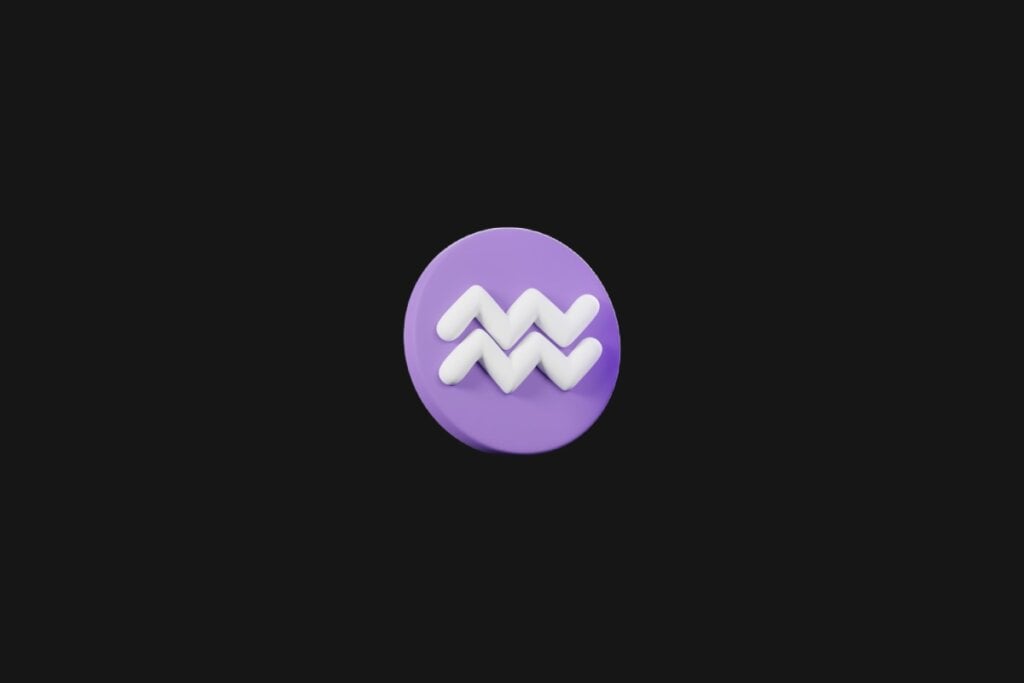 Ilustração do signo de aquário em um círculo roxo e em cima de um fundo preto