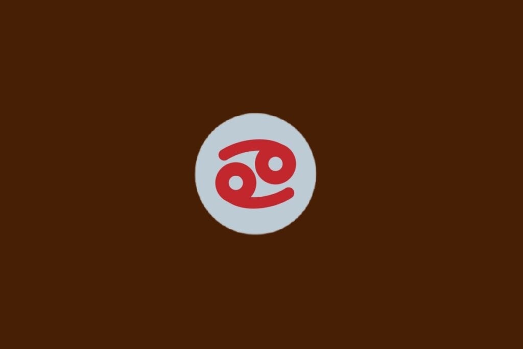 Ilustração do signo de Câncer, com símbolo vermelho parecido com o número 69 deitado, sobre fundo cinza e marrom-escuro