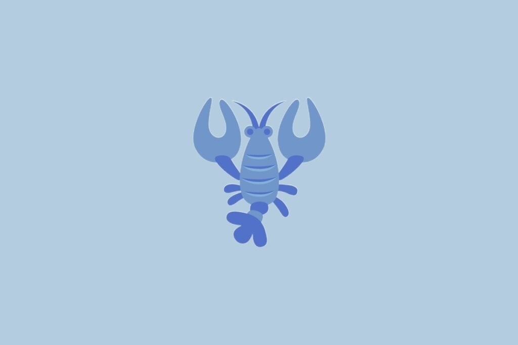 Ilustração do signo Câncer, com um caranguejo azul de pinças levantadas, sobre fundo azul-claro