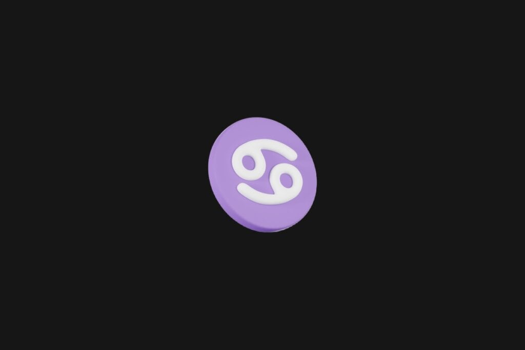 Ilustração do signo de câncer em um círculo roxo e em cima de um fundo preto