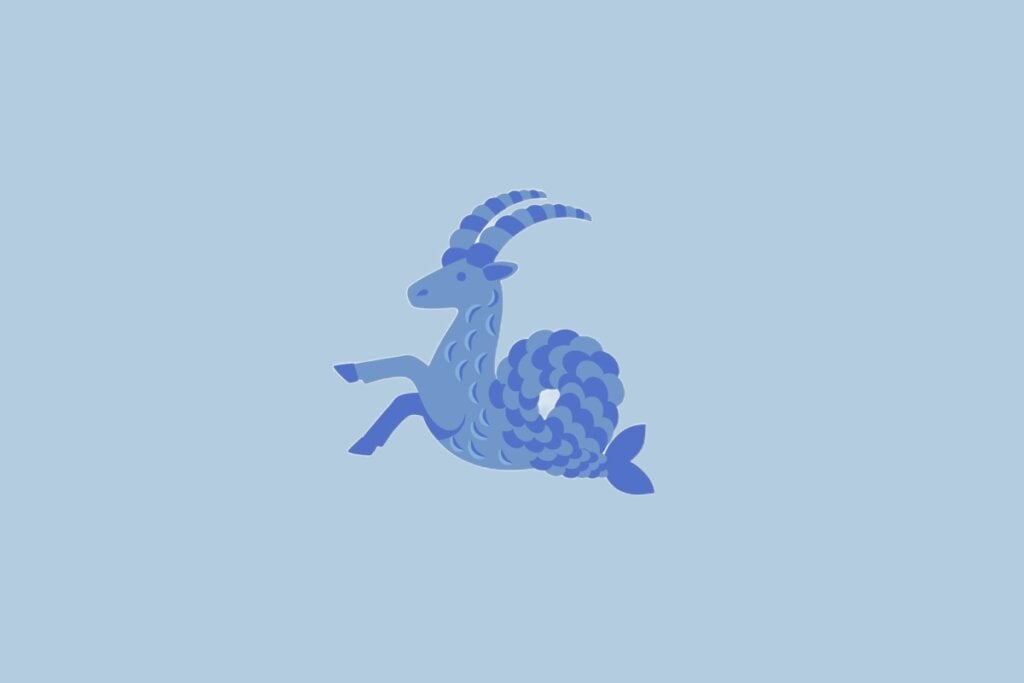 Ilustração do signo Capricórnio, com uma criatura azul de corpo de cabra e cauda de peixe, sobre fundo azul-claro
