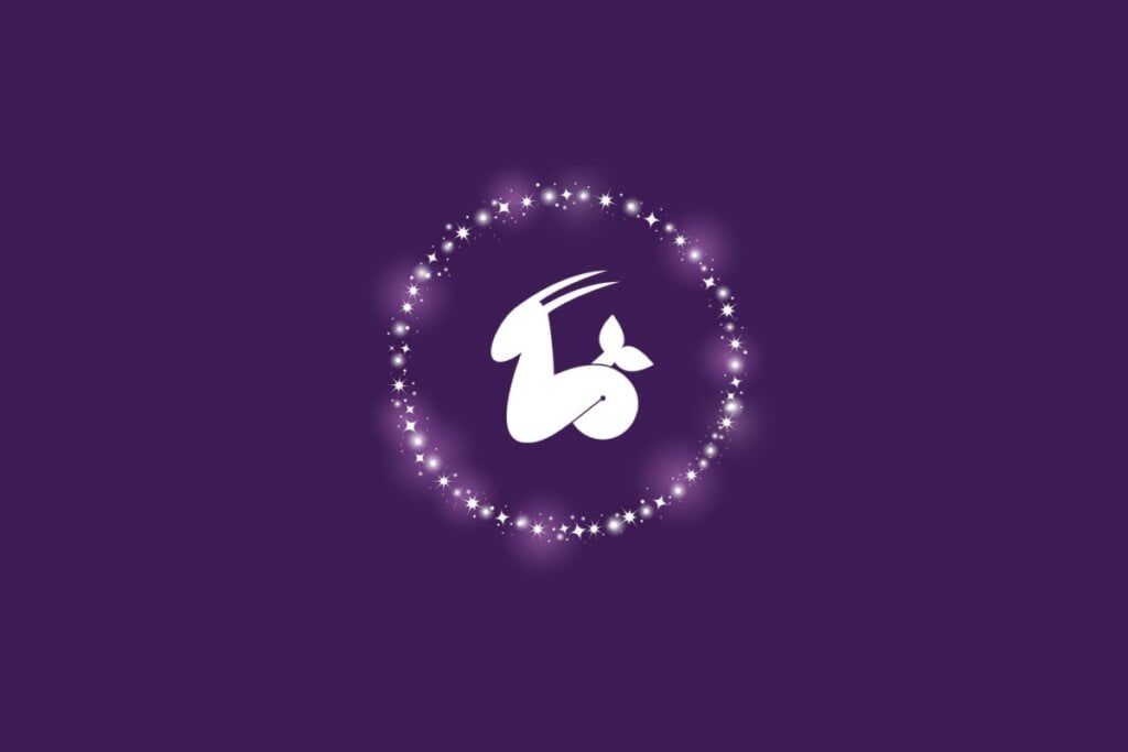Símbolo do signo de Capricórnio representado por uma cabra com cauda de peixe, em branco, cercada por um círculo de pontos brilhantes sobre fundo roxo