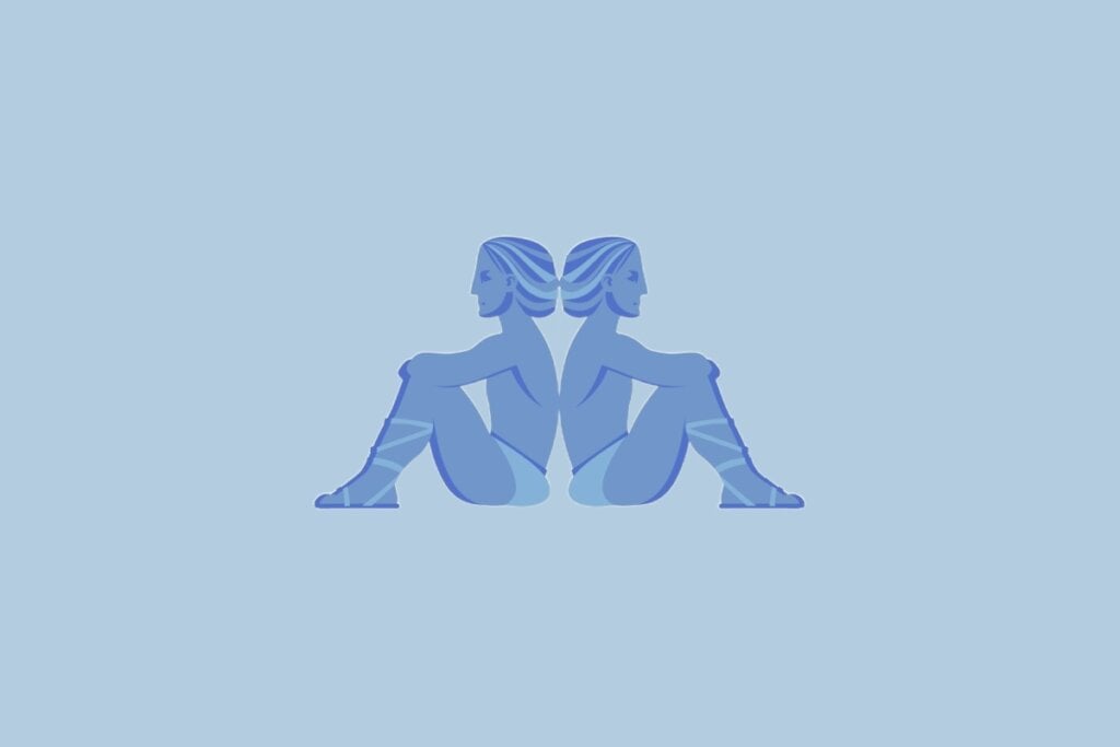 Ilustração do signo Gêmeos, com duas figuras humanas azuis sentadas de costas uma para a outra, sobre fundo azul-claro