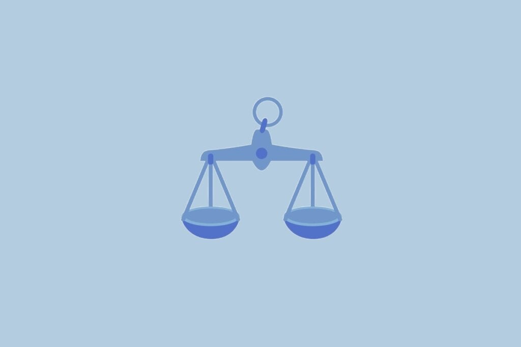 Ilustração do signo Libra, com uma balança azul em equilíbrio, sobre fundo azul-claro.