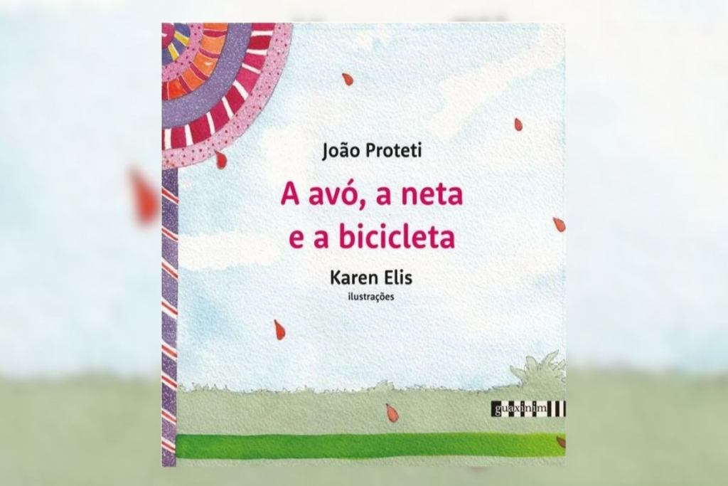 Capa de livro com título e nome do autor e com a ilustração de uma paisagem com folhas caindo e no canto esquerdo um poste com uma roda colorida