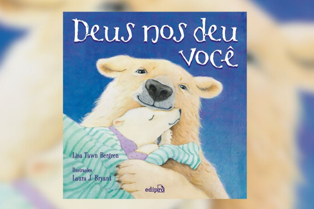 Capa de livro com o título e nome do autor com a ilustração de uma ursa-polar adulta e uma ursa-polar filhote abraçadas e com um cobertor verde listrado cobrindo a filhote