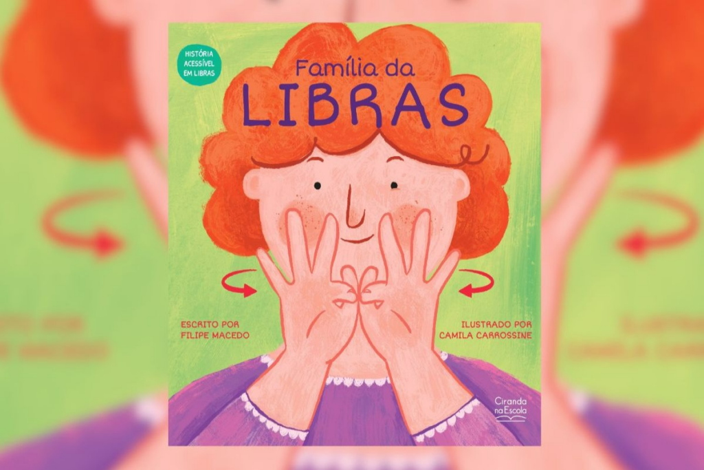 Capa de livro com título e nome do autor, e ilustração de uma criança com o cabelo cacheado ruivo, usando uma blusa roxa com detalhes em branco fazendo um sinal em Libras