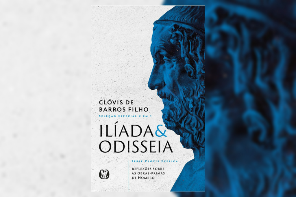 Capa de livro em branco e azul com o título e nome do autor e a imagem em azul de uma estátua grega