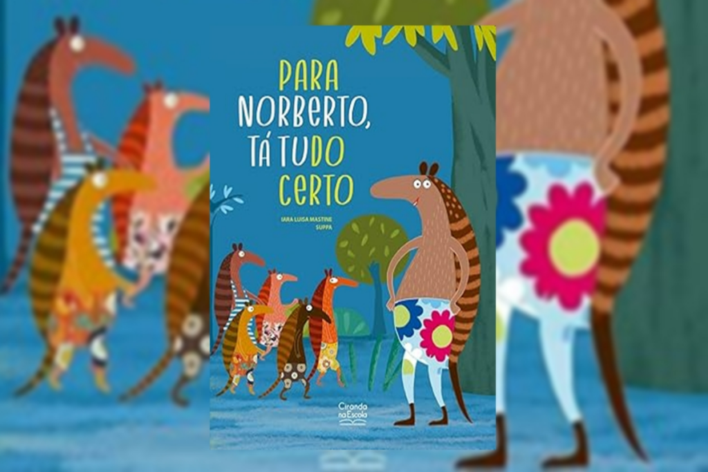 Capa de livro com título e nome do autor, com a ilustração de tatus de pé conversando na mata, cada um usa uma bermuda colorida