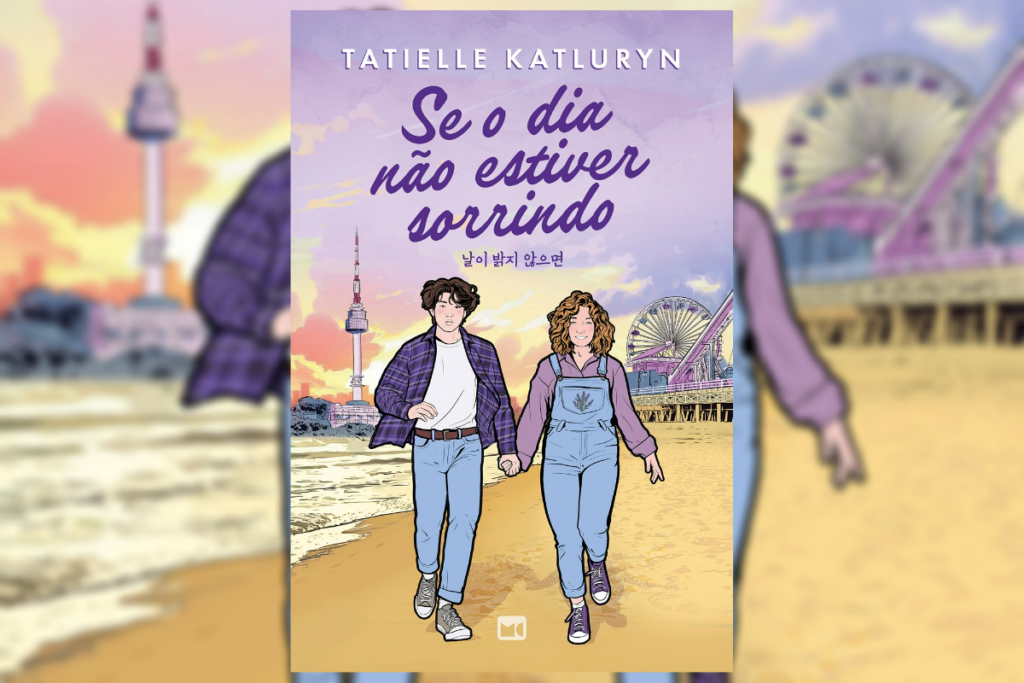 Capa de livro com titulo e nome do autor e ilustração de um casal andando de mãos dadas na praia