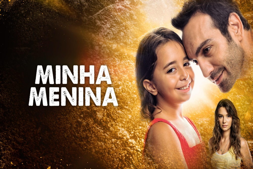 Imagem de uma menina com um vestido vermelho e de um homem com a cabeça próxima a dela e embaixo a imagem de uma mulher de cabelo comprido