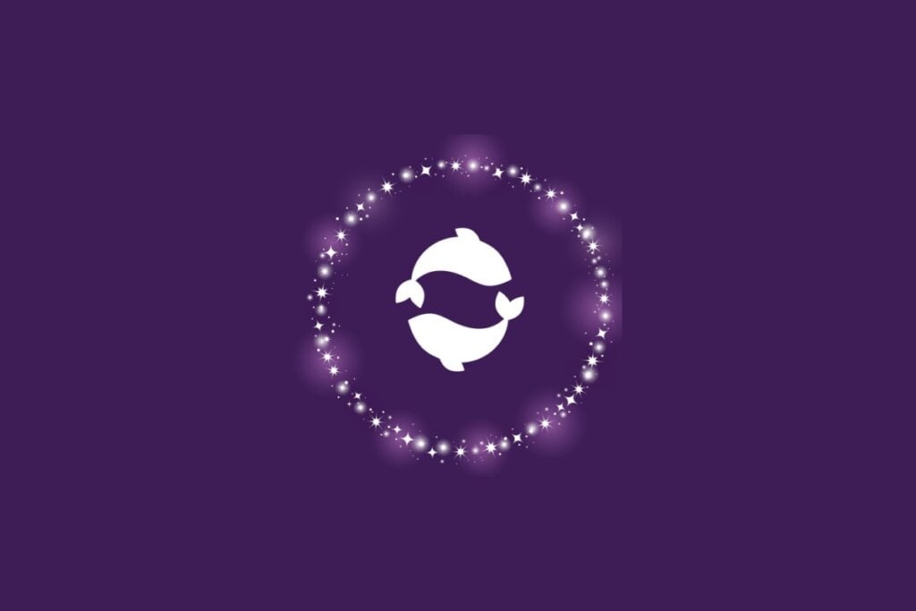 Ilustração do símbolo do signo de Peixes com dois peixes brancos voltados um para o outro, rodeados por pontos brilhantes sobre fundo roxo