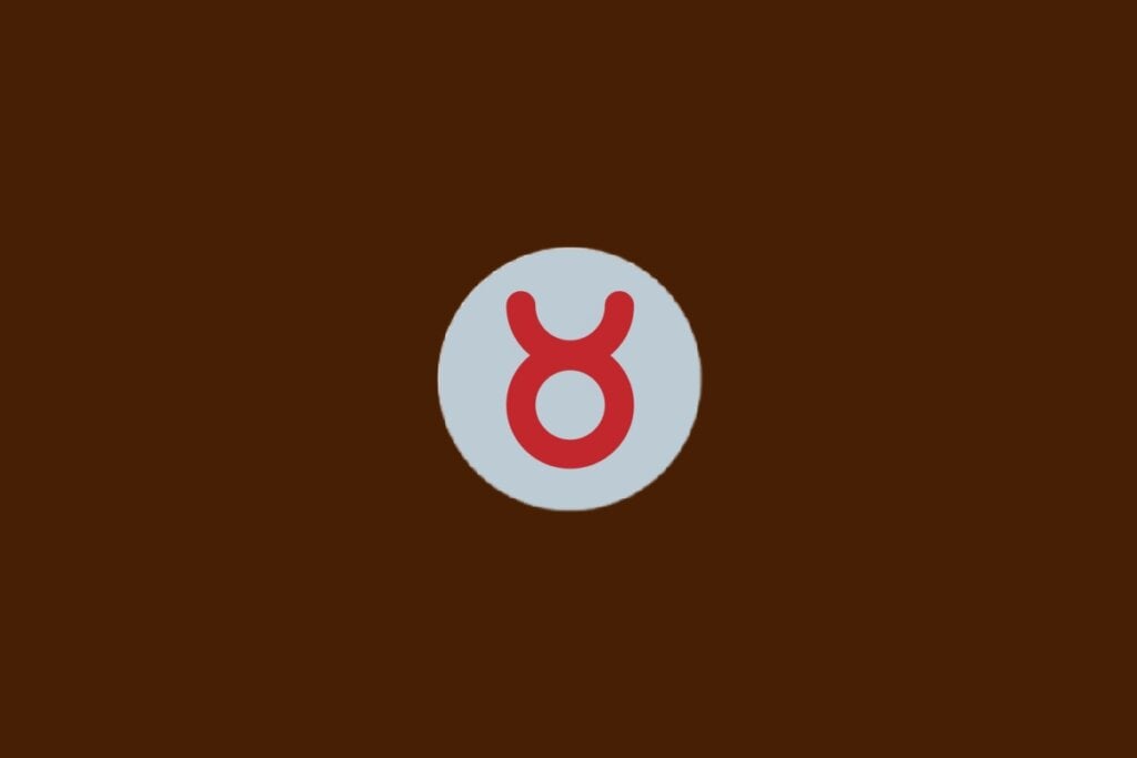 Ilustração do signo de Touro com símbolo vermelho em forma de círculo com dois chifres voltados para cima, sobre fundo cinza e marrom-escuro