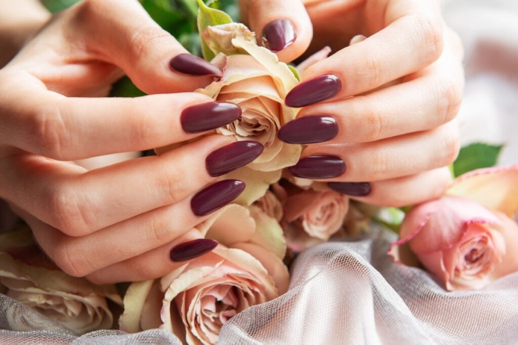 duas mãos femininas com unhas longas e em tom de marrom segurando rosas