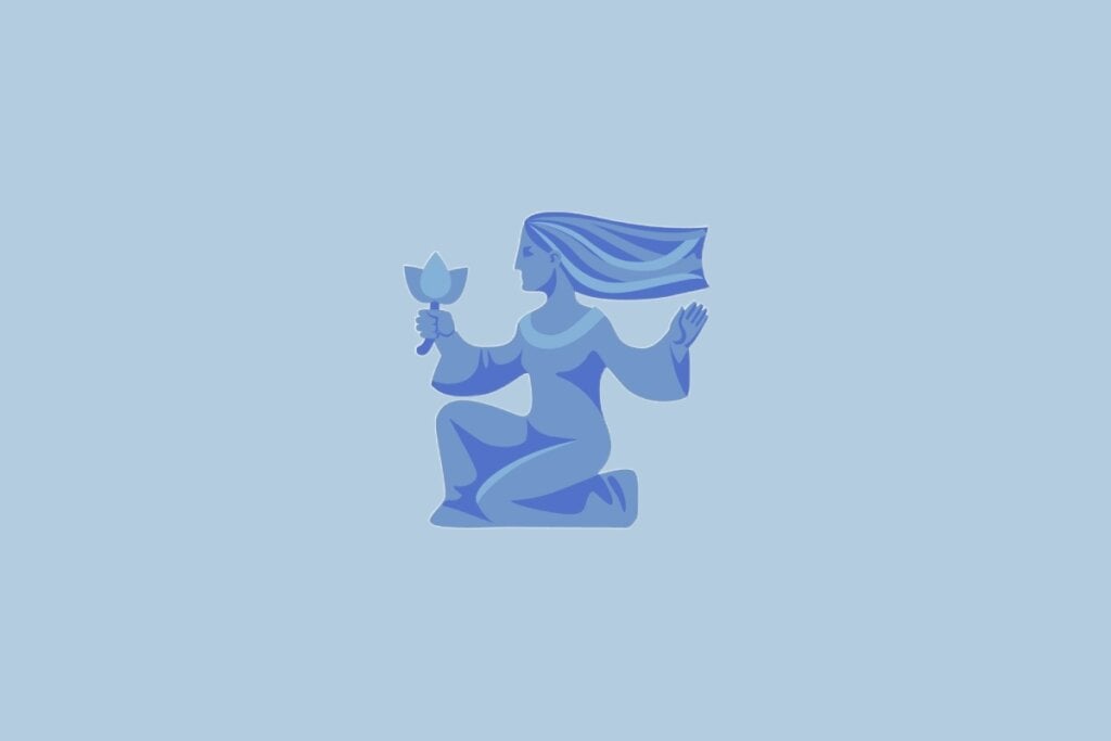Ilustração do signo Virgem, com uma mulher azul ajoelhada segurando uma flor, sobre fundo azul-claro